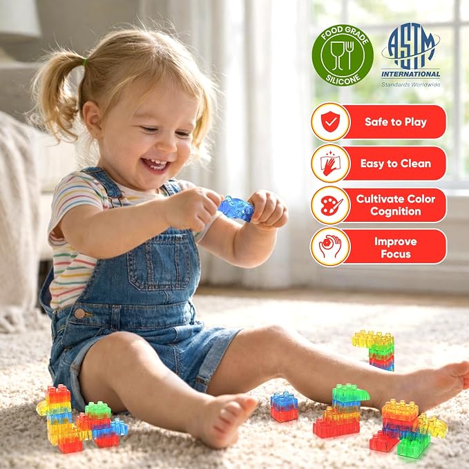 LESONG Sensory Building Toys for Toddlers: 24PCS Squeezable Silicone Stacking Toys – Early Learning Construction Playset for Preschool Manual Skills, Birthday Gifts