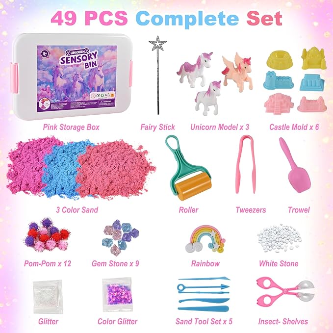 Faburo 48Pcs Unicorn Sensory Bin Sand Kit Toy for Toddler Girls 3 Unicorns | Unicorn Toys for Girls Age 4-6, 6 Castle Molds, 2.2Lbs Color Sand, Learning Toys Birthday Gift for Kids Age 3 4 5