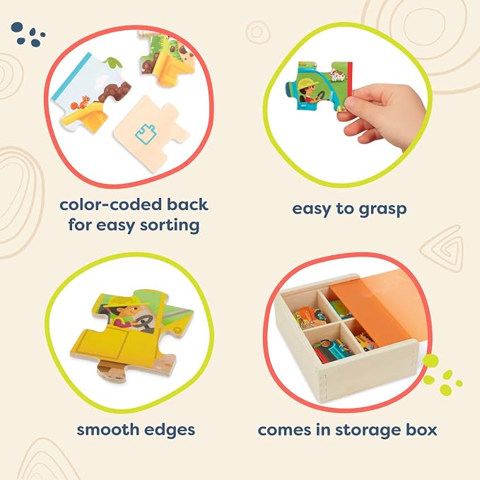 B. toys Wooden Puzzle Set, Pack o' Puzzles Trucks, 4 x 12 Pieces, Wood Toys | 4 truck-themed wooden with storage box, color-coded backs, easy-hold pieces, 48 puzzle pieces, Trucks, Wood Toys, 3+ Years