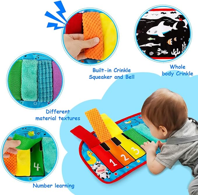 Tummy Time Baby Mirror Toys, Tummy Time Mat, Black and White High Contrast | Tabletop Mount Baby Newborn Toys 0 3 6 Months Brain Development, Sensory Texture Piano Infant Toys 0 3 6 Months with Squeaker