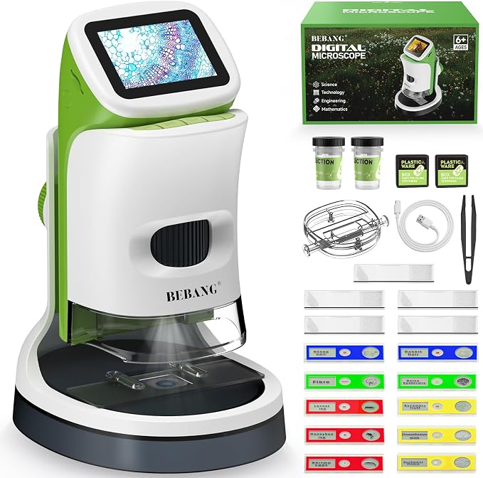 Kids Handheld Digital Microscope with Screen: STEM Science Kit Gift Toys | Rechargable | Bug Viewer | Slides Kit | Photo & Video | 4K Screen | Indoor & Outdoor Exploration for Boys Girls Ages 6-12