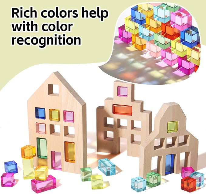 25 Pcs Rainbow Acrylic Building Blocks with 3 Beech Wood Houses, Dual Insert & Stack Sensory Toy, Light Refraction Gem Blocks, Montessori Creative Educational Gift for Toddler Boys Girls 1-5 Years Old