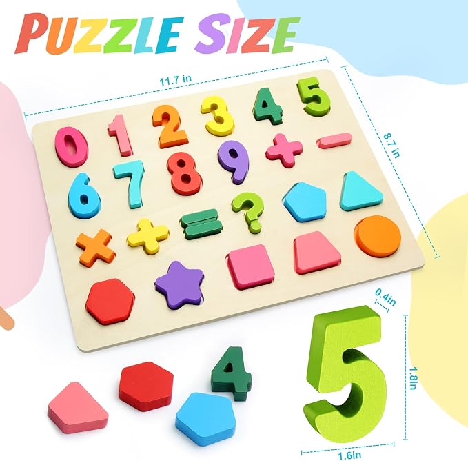 Wooden Number Shape Puzzles, Math Learning Toys for Toddlers | Thick Easy-Grip Solid Wood Letters, Preschool Early Learning Activities, Montessori Birthday Gift for Girls & Boys