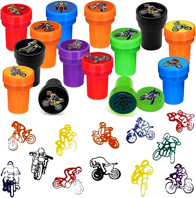 Cinrobiye 24 Pcs Dirt Bike Stampers Party Favor Set, Cute Motocross Stamps for Kids Birthday Party, Classroom Rewards, Sports Prizes, Goody Bag Fillers, Racing Adventure Party Supplies