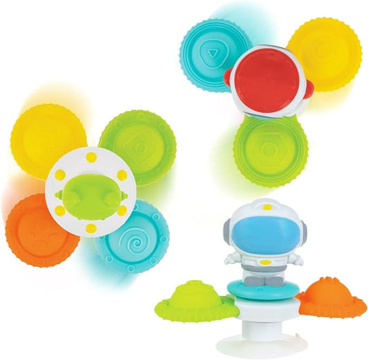 Nuby Suction Spinner Toys with Spinning Poppers – 3 Pack Baby Fidget Toys for High Chair & Bath, Space Theme, 12m+ | Spinning Poppers