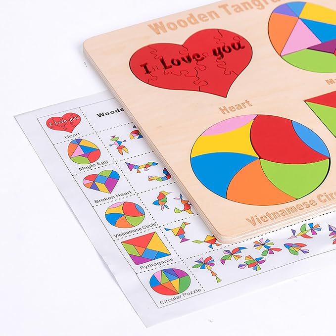 Wooden Blocks Puzzle Brain Teasers Toy 6 IN1Geometric Wooden Tangram Puzzle Game Geometry Jigsaw Logic IQ Games Fidget Toys STEM Montessori Educational Gift for Kids Adults