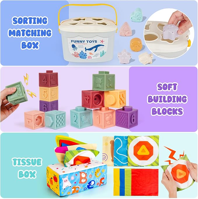 Montessori Toys for Babies 6-12-18 Months 6 in 1 Infant Sensory Baby Toy | Stacking Cups Shape Sorter Box Suction Spinner Building Blocks Stacking Ring Tissue Box Toddler 1 2 3 Year Old Birthday Gift