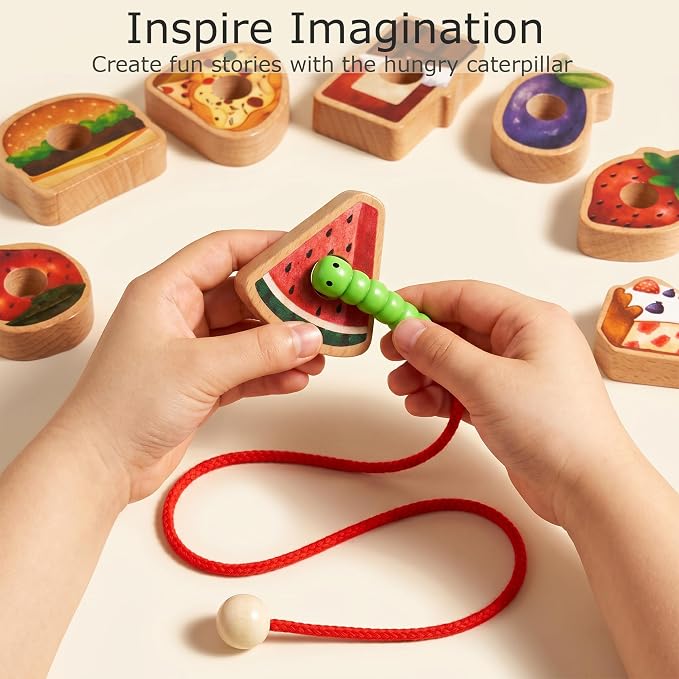Wooden Caterpillar Lacing Toy, Fine Motor Skills Toy for Toddlers | 18 PCS Fruit Vegetable Food Threading Beads with Pattern Cards, Preschool Learning Gift