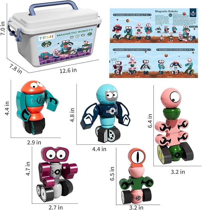 TEMI Magnets Robot Toy for 3 4 5 6 7 Year Old Boys | Transform Toys Planet Magnet Building Toys Stacking for Toddler, Learning Educational Christmas and Birthday Gifts for Kids