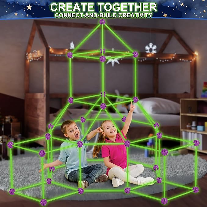 180 Pack Glow in The Dart Fort Building Kits for Kids Age 4, 5, 6, 7, 8+ Years Old, STEM Building Toys for DIY Castles, Tunnels, Ideal Christmas, Birthday Gifts for Boys & Girls
