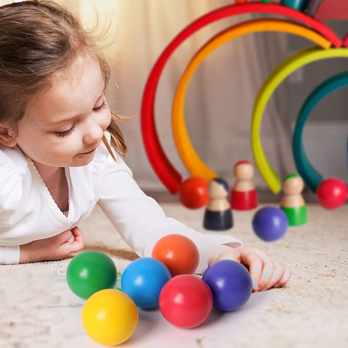 Wooden Rainbow Balls, 6 PCS Colorful Wooden Ball Toys for Toddler & Baby Grasping, Rainbow Ball Matching with Rainbow Stacker