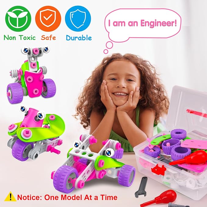 Tsomtto Educational STEM Toys for 4 5 6 7 8+ Year Old Girl Birthday Gifts | Pink Building Toys Stem Kits Activities for Kids Ages 4-8 5-7 8-10 Construction Toys for Girls 4-6 6-8 Creative Games