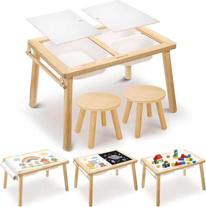 Sensory Table and 2 Chairs Set, Toddler Table with 3 Storage Bin FSC | Sand Water Table Graffiti Tabletop, Kids Art Table with Paper Holder, 7-in-1 Activity Table for Play Study Storage 1-8 Gifts