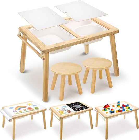 Sensory Table and 2 Chairs Set, Toddler Table with 3 Storage Bin FSC | Sand Water Table Graffiti Tabletop, Kids Art Table with Paper Holder, 7-in-1 Activity Table for Play Study Storage 1-8 Gifts