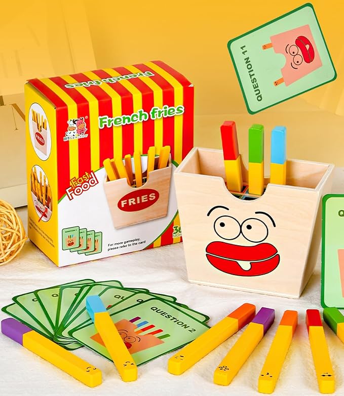 Wooden French Fries Sorting & Stacking Toys, Montessori Toys for 3+ Year Old, Preschool Educational Toys to Develop Fine Motor Skills