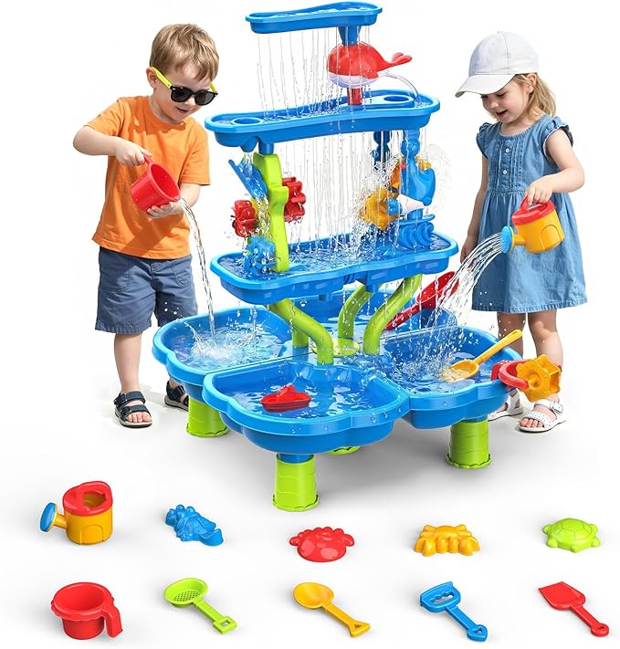 HeySplash Water Table for Toddlers 4-Tier with Toy Accessories | Kids Water and Sand Activity Sensory Playset, Sand Table Summer Splash Sensory Table for Outdoor Beach Backyard Garden, Blue