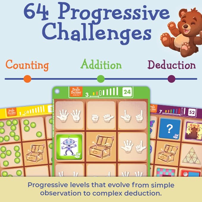 FoxMind Games Mystero – Multi-Level BrainTeaser Puzzles for Kids Ages 4+, STEM Game Develops Math, Logic & Reasoning Skills, 64 Progressive Challenges (Brain Builder Series)