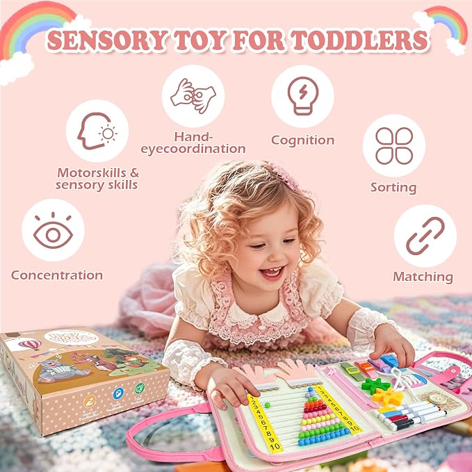 Aurasys Toddler Busy Board Montessori Travel Toy for Girls (Pink) | Educational Sensory Learning Busy Book for Airplane and Car Activities, Birthday Gift for Girls