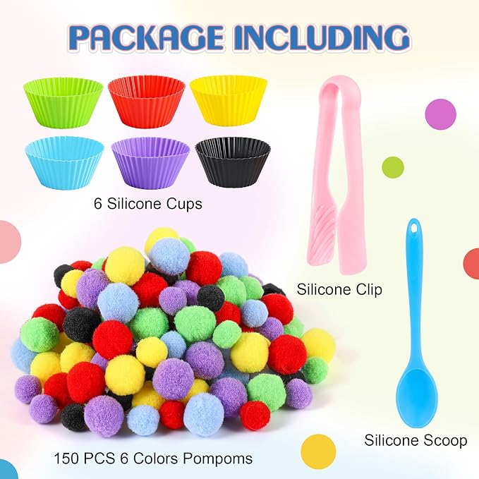 158 PCS Fine Motor Skills Set | 150 Pom Poms, 6 Sorting Bowls, Tweezers, Spoon, Sensory Bin Filler for Preschool Kids Counting, Sorting, Matching Training Ac