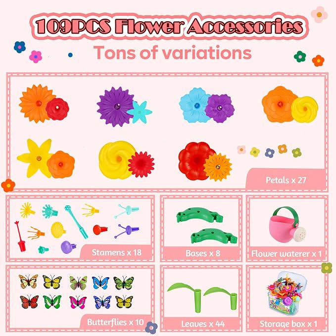 109pcs Flower Garden Building Toys Set - STEM Montessori Toys for Girls | Birthday Gift for 3 4 5 6 7 Years Old Girl, Sorting & Stacking Building Block Playset Springl, Gardening Toy for Kids