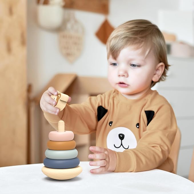 Roly Poly Stacker Toy for Toddlers Wobble Base FSC Wood | colorful rings, wobble base, FSC wood, ring stacker toy, sorting & stacking toys, toddler girl toys, sensory fine motor play
