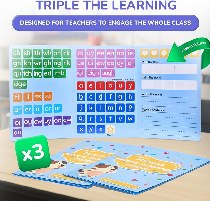 JoyCat 265 Phonics Magnetic Letter Tiles, with 3 Word Building Folder | 265 magnetic letter tiles with word folders support phonics, spelling and reading practice for preschool classrooms