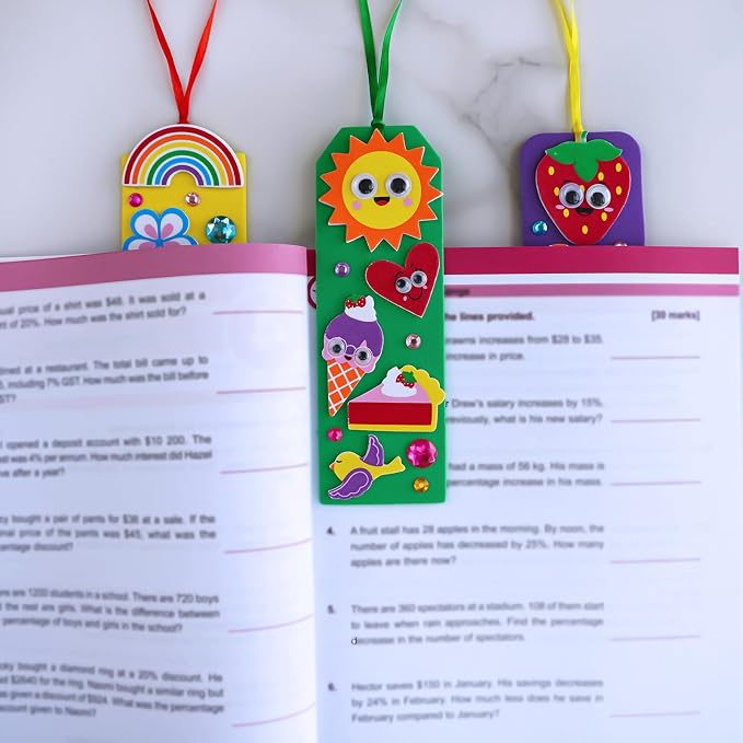 Winlyn 36 Sets Summer Crafts Kits DIY Whimsical Bookmarks Decorations Art Sets Fruits Treats Animals Sun Rainbow Foam Stickers for Kids Classroom Activities Reading Rewards Birthday Camp Party Favors