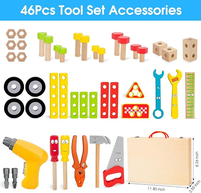 Kids Tool Set Toy with Drill, Stem Montessori Toys for 3 4 5 Years Old Boy Girl, 44 Pcs Wooden Toddler Tool Kits Inc Box, Learning Educational Construction Toy | Toy Tools for Toddlers 3-5 with Drill, Bolts and Wheels in a Portable Wooden Box for Prete...