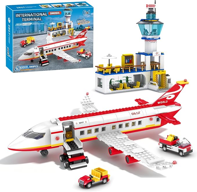 886 Pcs City Passenger Airplane Building Set | STEM 6 in 1 Airport Passenger Plane Building Block Toy with Terminal, Shuttle Bus,Luggage Cart, for Boys Girls Ages 6-12+