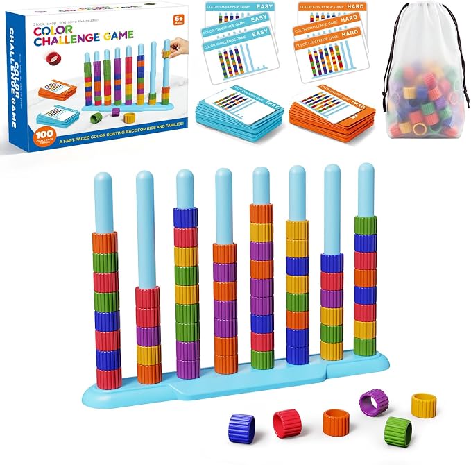 LLESSOO 1 Pack Color Challenge Game – Solo Play Color Matching Puzzle Game, Fun Board Game for Kids 6-8-12, Adults, Party & Family Game Night, Stacking Game with 1 Stack Rack, 100 Cards, 60 Rings
