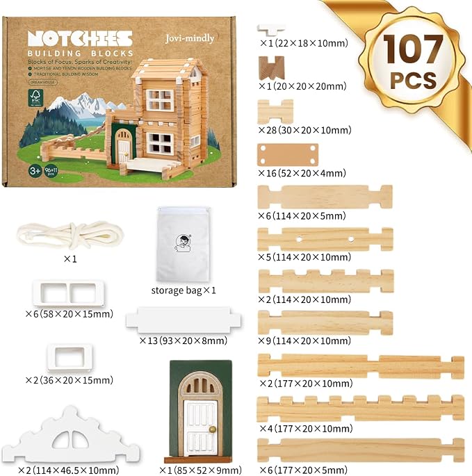 Jovi-mindly＆Notchies 107 Pcs STEM Wooden Blocks Toys with Door＆Windows|Learning Building Blocks Toy for Kids Ages 4-8 Boys and Girls|Classic Old Fashioned Toys Gifts for Birthday