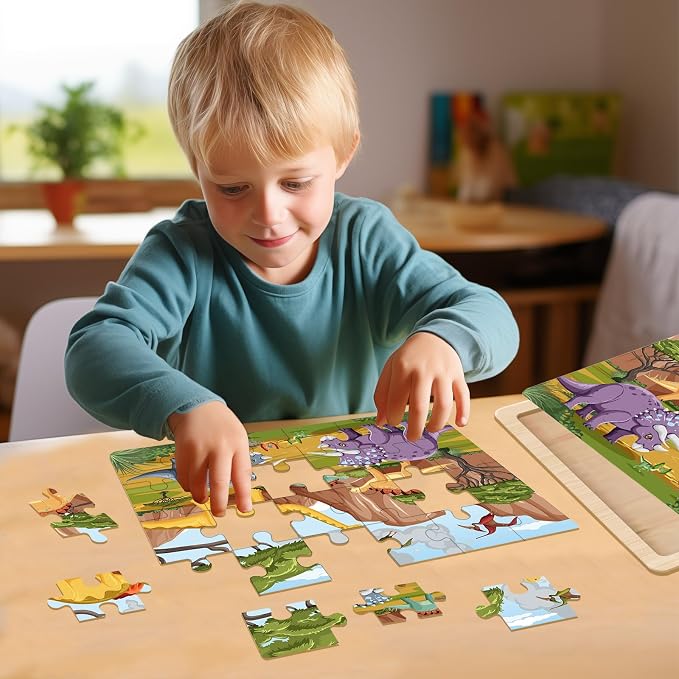 Wooden Puzzles Dinosaur Toys for Kids Ages 3-5, 4 Pack 24 Pieces | Wooden Jigsaw Puzzles Preschool Educational Learning Toys Gifts for 3 4 5 6 Year Old Boys and Girls