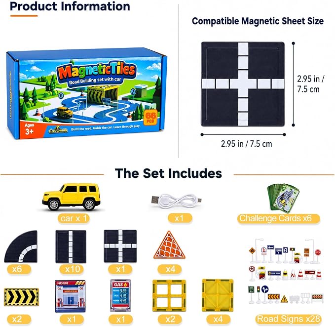 66-Piece Magnetic Tiles Building & Road Set for Kids, Includes Sensor-Guided Car that Follows Road Lines + Traffic Signs,STEM Montessori Building Toy for Boys & Girls Ages 4–12