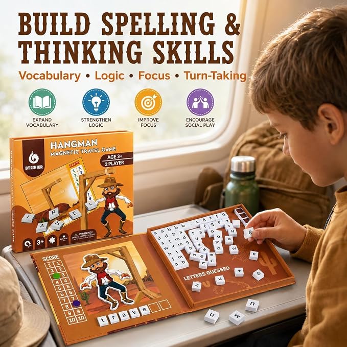 TRAVOFUN Magnetic Hangman Game | Travel Games for Kids Ages 4-8 | Reusable letters make this hangman game for kids a 2-player spelling activity for car rides, flights, and quiet time.