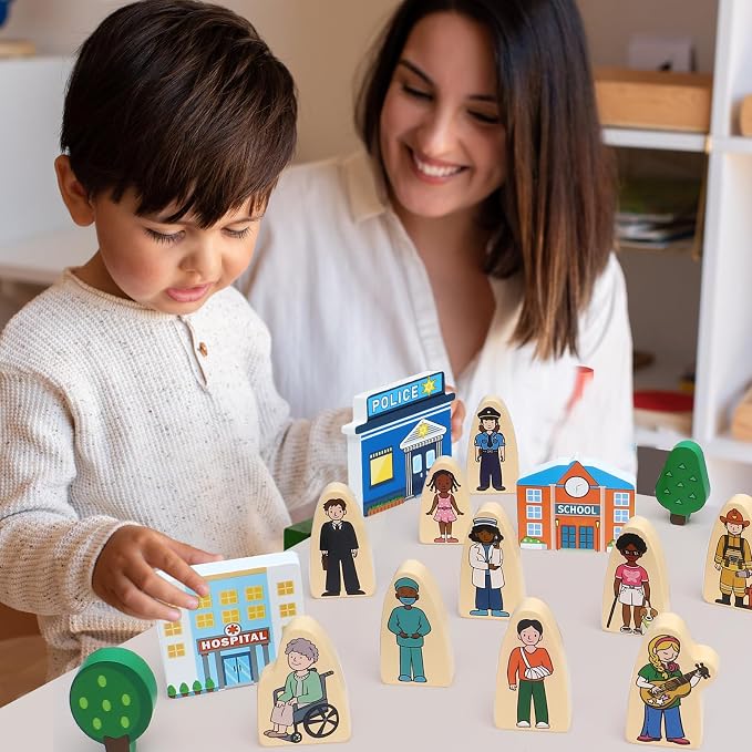 36Pcs Wooden Community Helpers Pretend Play Toys for Kids 3 4 5 6 Year Old, Wooden People Figures Blocks Occupations Dress up Toddlers Preschool Learning Toys Boys Girls Birthday Gifts