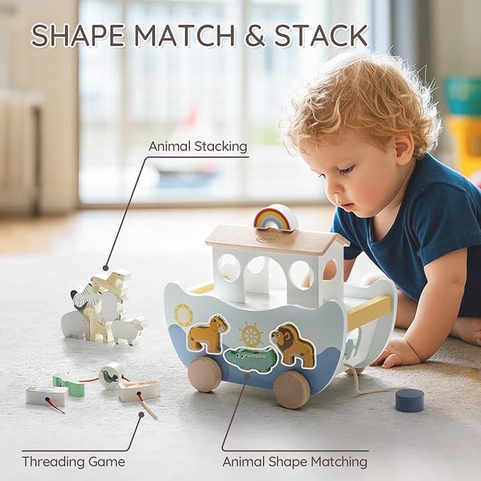 Joyreal Wooden Noah's Ark Toy for 1 Year Old Baby Boy and Girl Baptism Gift | Neutral Color, Montessori Educational Toy, Animal Shape Sorter, Christian Toys for Toddler 1-3, Christmas Birthday Gift