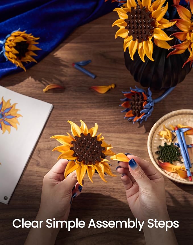 Blazing Sunflower Building Blocks Set, Botanical Flower Brick Kit for Adult | 771Pcs Artificial Sunflowers Building Kits, 4 Blooming Stages, Adjustable Stems Display Decor, Birthday Gifts for Women & Mom