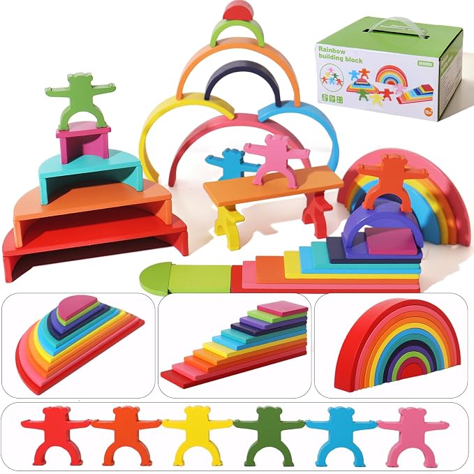 Dinhon 40-Piece Wooden Rainbow Stack Set, 4-in-1 Building Blocks preschoolers Early Development & Activity Toys Montessori Toys for Kids 1 2 3 4 Years and Older Gifts for Boys and Girls