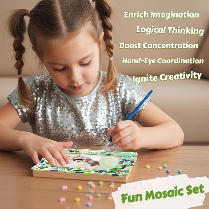 A&H Zier Mosaic Kit 3-Pack 5x7/4x6 DIY Photo Frames Craft for Kids 6+ | Mosaic kit for kids 8-12 3 wooden frames (fit 4x6/5x7) 200+ glass tiles non-toxic glue tools&instructions Fun family activity