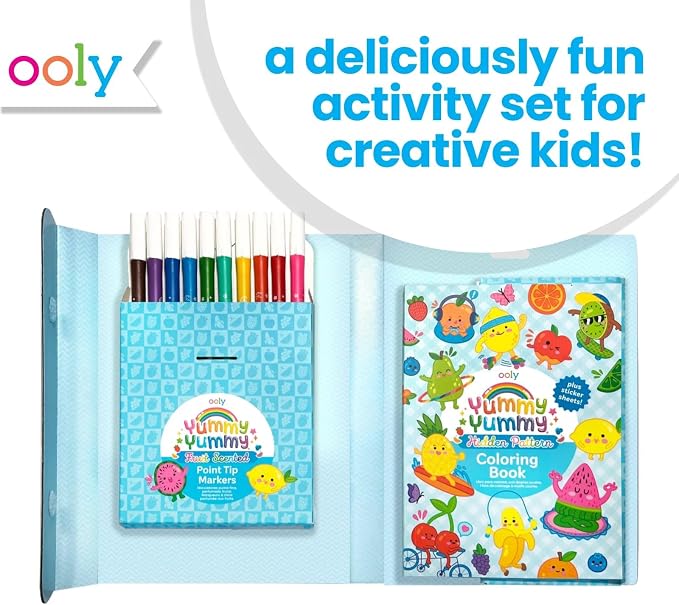 Ooly Yummy Yummy Scented Coloring Kit for Kids, 10 Markers, 30-Page Book | Ages 4+, 10 Fruit-Scented Markers, 100+ Scented Stickers, 30-Page Hidden Pattern Coloring Book, Mess-Free Travel Activity