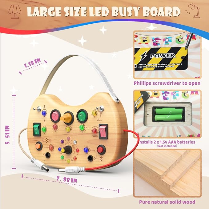 UdoUto Montessori Wooden Busy Board for Toddlers with LED Lights & Switches | Portable Activity Board, Car & Airplane Travel Toys Christmas & Birthday Gift for 1-3 Year Old Boys & Girls
