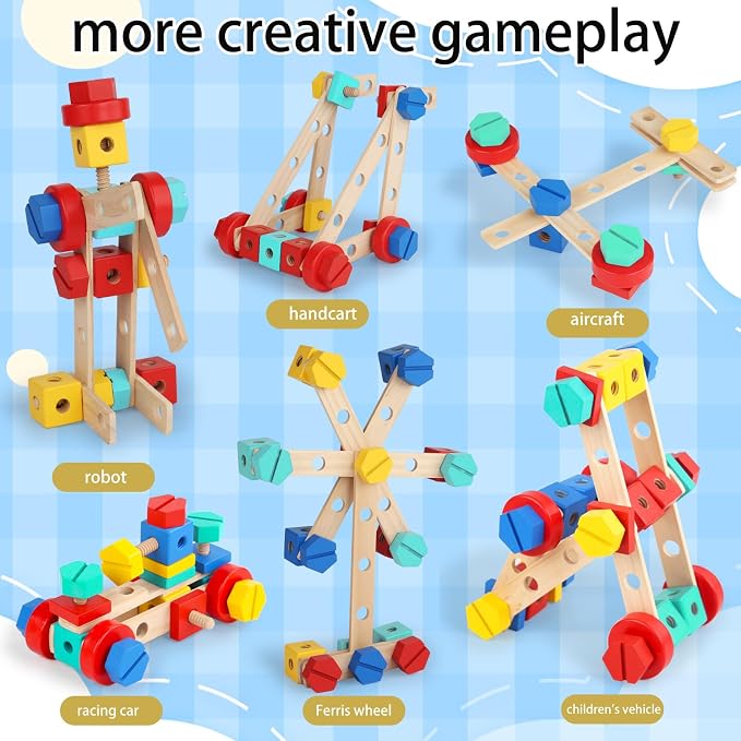LOVELAND Wooden Take-Apart STEM Toy, 43-Piece Nut & Bolt Construction Set with Wooden Screwdriver & Wrench, Build Airplanes Helicopters Race Cars, Montessori Engineering Gift Ages 3-5