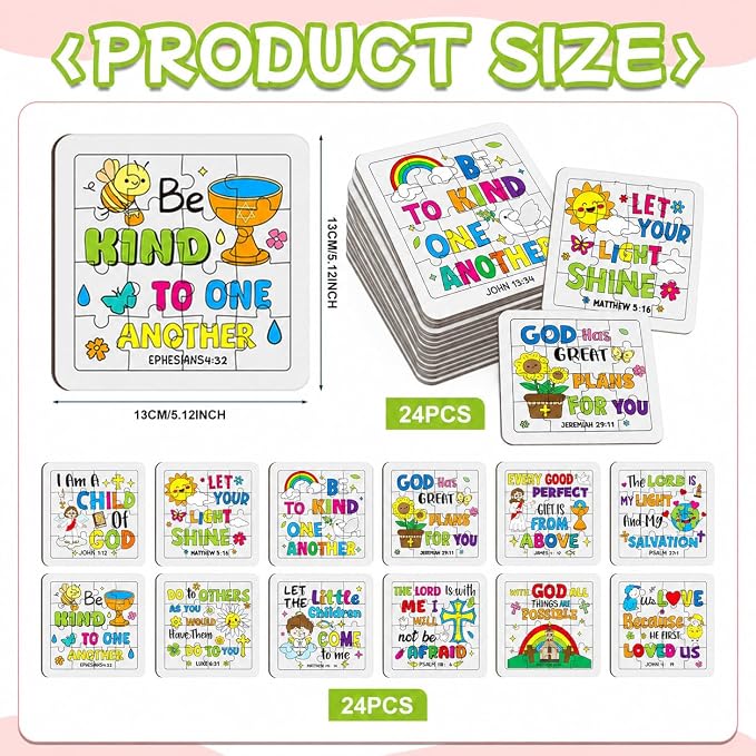 Cinrobiye 24 PCS Bible Coloring Jigsaw Puzzle Craft Kit for Kids, DIY Christian Inspirational Puzzle Set Bulk, Religious Sunday School VBS Church Crafts, Party Favors, Classroom Activities