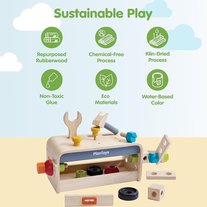 PlanToys® Wooden Little Tool Bench Montessori Construction Kids STEM Toy | hammer, wrench, screwdriver, kids tool set, girls, boys, fine motor problem solving imaginative role play gift preschool
