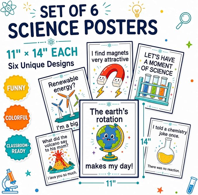 Funny Science Posters Set of 6, Science Classroom Decor, 11x14 Inch | science classroom science posters for classroom middle school chemistry posters scientific method poster