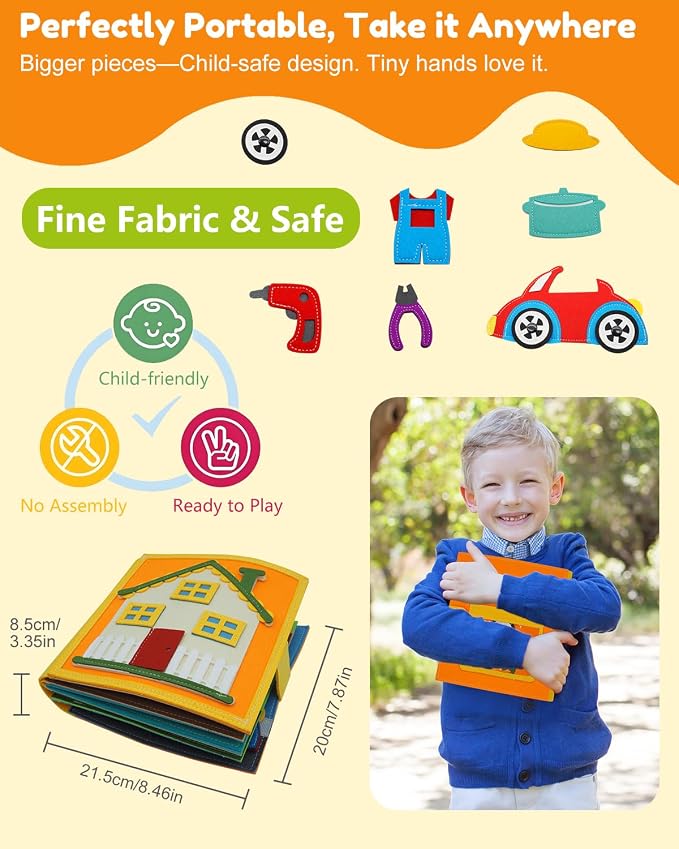 Busy Book for Toddlers 1-3, Montessori Busy Board for 1 Year Old | Felt Activity Books for 1+ year old, Airplane Car Travel Toy, Quiet Books, Kids Ages 2-4 Preschool Educational Learning Gifts