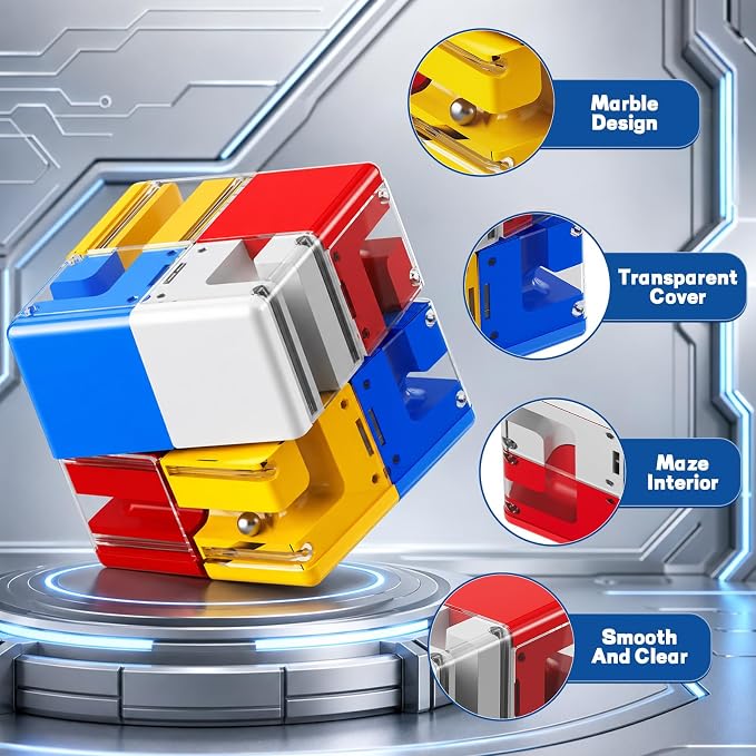 3D Maze Cube Ball Puzzle Brain Teaser for Adults & Kids, Educational Learning Toys Logical Thinking, Family Board Games Tabletop, Durable Puzzle Cube (White&Blue&Red&Yelllow-C, 2.8x2.8x2.8)