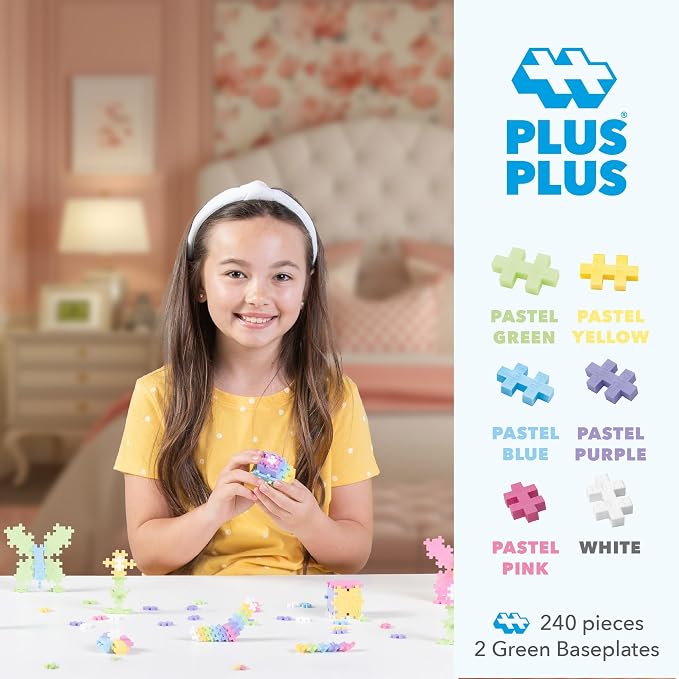 PLUS PLUS 240 Piece Pastel Mix Tube & Baseplate - Waffle Blocks Stem Toy | Sensory Bin Fillers, Gifts for Boys & Girls, Classroom Must Haves, Christmas Stocking Stuffers for Kids, Math Manipulatives