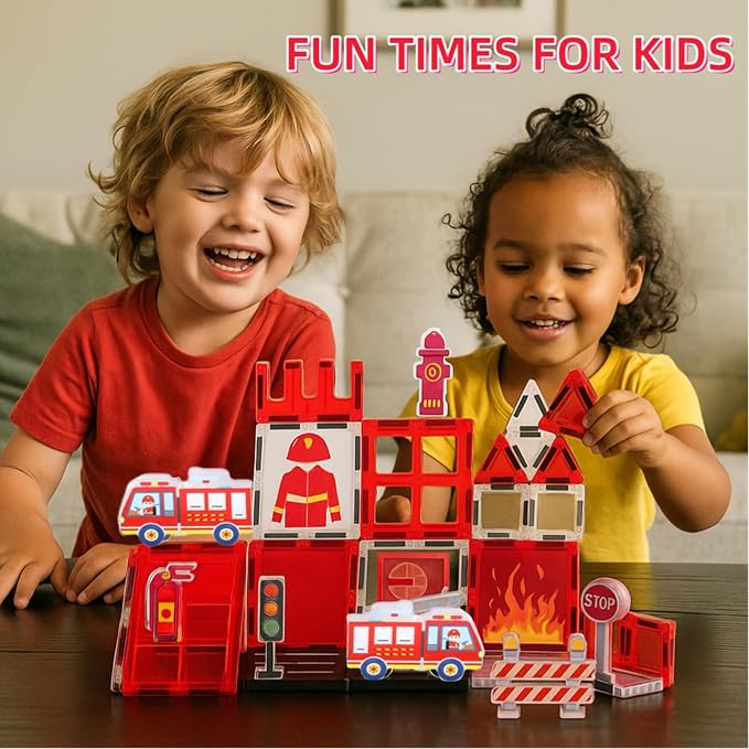 Firefighter Magnetic Tiles for Toddlers 3-5 – STEM Building Blocks Set with Fire Truck, Hydrant, Extinguisher & Storage Bag, Fire Station Creative Play for Boys & Girls, Christmas Birthday Gift