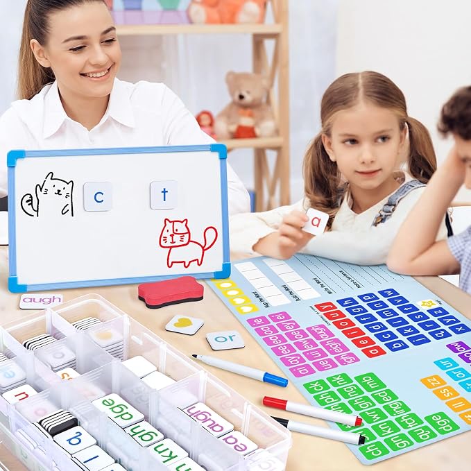 JoyCat 265 Phonics Magnetic Letter Tiles, ABC Word Building Kit with Folder | 265 phonics letter tiles with word-building folder help kids for preschool classrooms and homeschool learning.